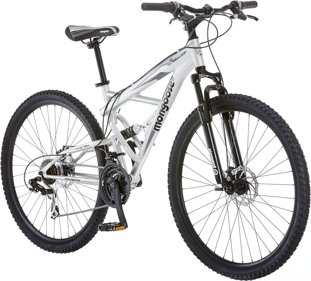 Mongoose Impasse Full Suspension Mountain Bike, Men and Women, 18-Inch Aluminum Frame, 29-Inch Wheels, Front and Rear Disc Brakes, Twist Shifters, 21-Speed Rear Deraileur, Silver