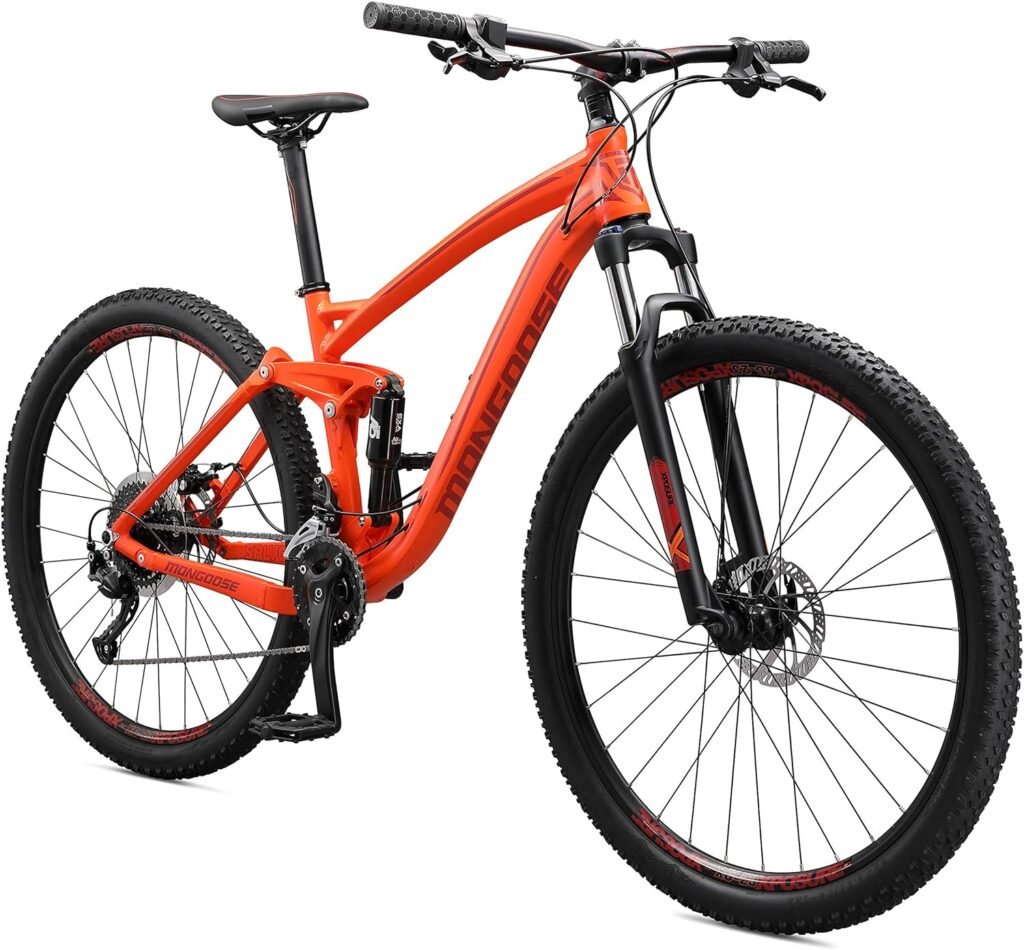 Mongoose Salvo Comp, Trail, or Sport Mountain Bike for Adult Men and Women, 12 or 18-Speed Trigger Shifter, 29-Inch Wheels, Full Suspension, Small to Large Frame Options